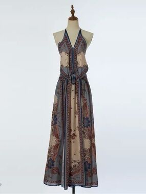 Designer-style Halter Maxi Dress in Beige & Blue